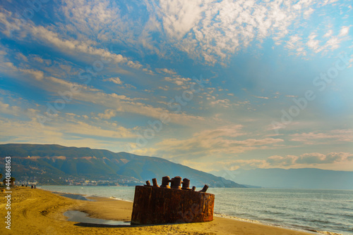 VLORA - VLORE, ALBANIA: Detail of the U8 submarine on the beach in Vlora. photo