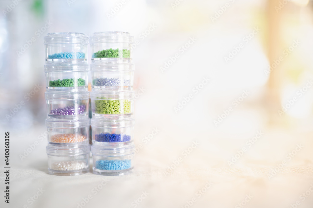 Multicolor of beads in the plastic box tower, separate the color, For making accessories and jewelry, Multicolor of beads in the plastic box tower, separate the color, For making accessories and jewelry,