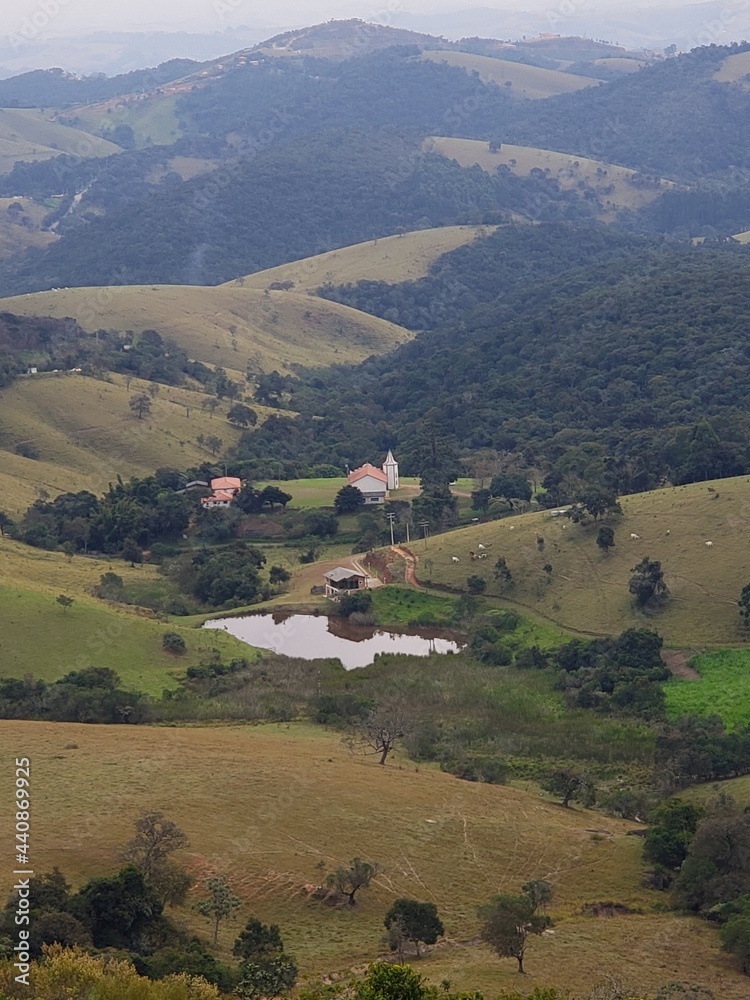Landscape with mountains and little church in Cunha SP Brazil
