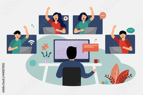 Flat illustration, people are having remote video conference in covid-19 situation. This makes them work at home without having to travel to the office to reduce the spread of infection.