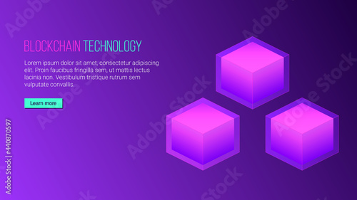 Blockchain technology concept, cryptocurrency. Working with tokens on the Internet, security. Futuristic background with elements in techno style microchips. Design banner template for web. Copyspace.