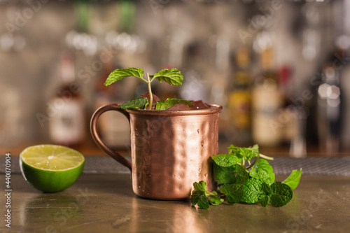 Drink Moscow Mule in a mug in a bar setting