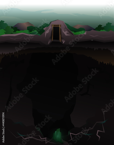 Mina o cueva de esmeraldas rodeada por montañas con un cielo claro