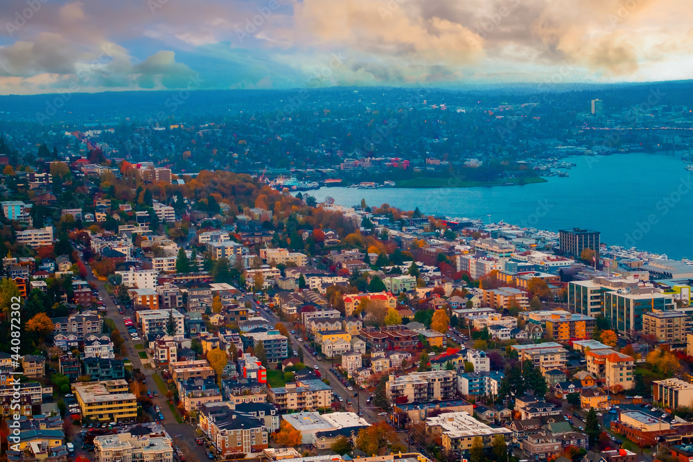Fototapeta premium Seattle, City view of Seattle, top view of downtown Seattle skyline in Seattle Washington, USA