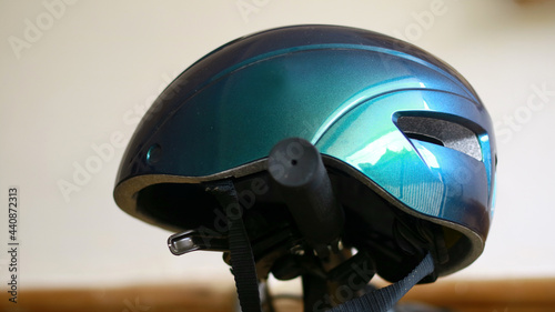 Bicycle helmet on the handlebar.