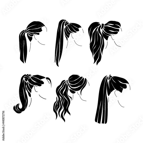 Hairstyle ponytail silhouettes set, options for trendy female hairstyles photo