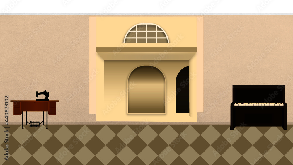 Interior de construcción con piano y máquina de costura