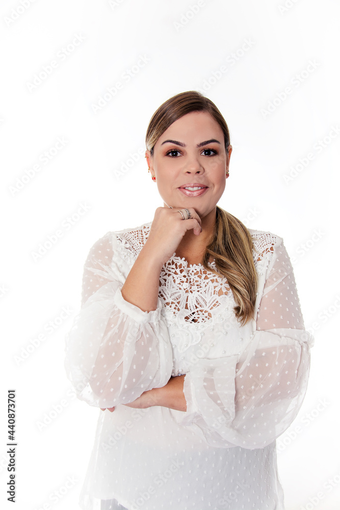 white background blonde woman with hand on chin white background blonde woman with hand on chin