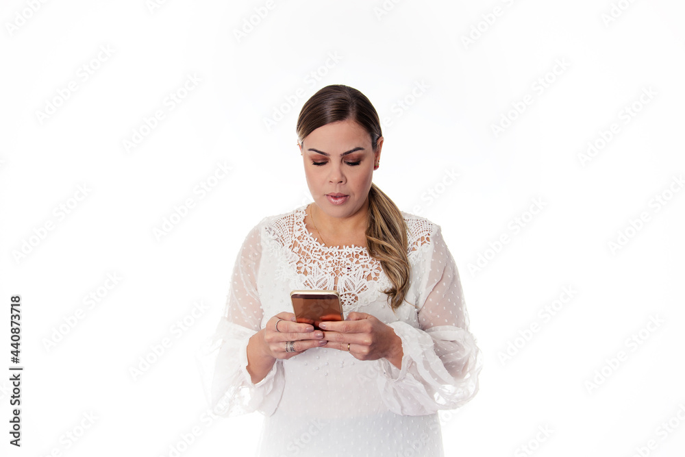 white background blonde woman sending a message white background blonde woman sending a message