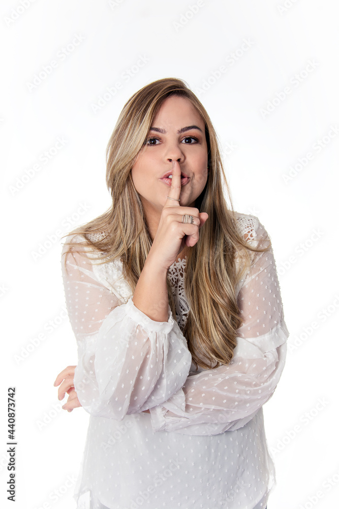 white background woman asking for silence white background woman asking for silence