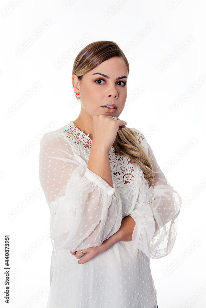 white background blonde woman with hand on chin white background blonde woman with hand on chin