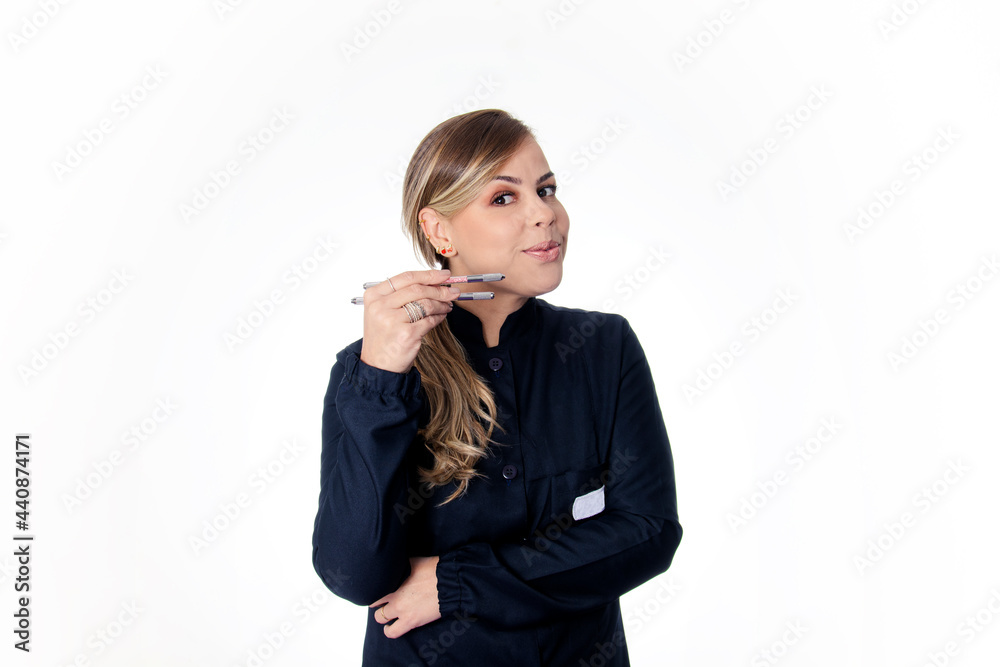 blonde woman wearing black outfit on white background with tebori blonde woman wearing black outfit on white background with tebori