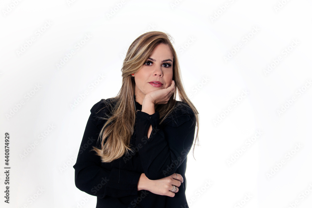 blonde woman wearing black outfit on white background blonde woman wearing black outfit on white background