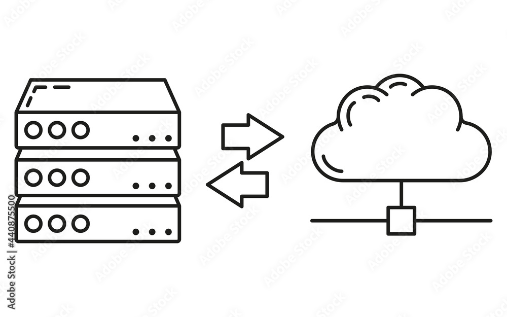 Data exchange cloud icon, protect remote info storage, database computer technology information outline flat vector illustration, isolated on white.