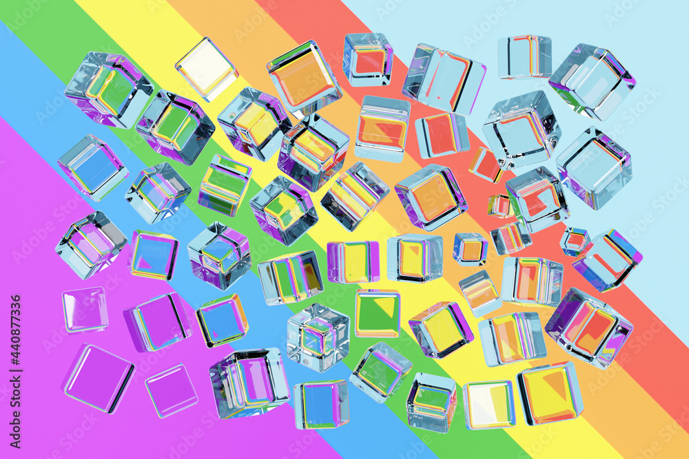 3d illustration of   transparent   cubes on rainbow background . Parallelogram pattern. Technology geometry  background