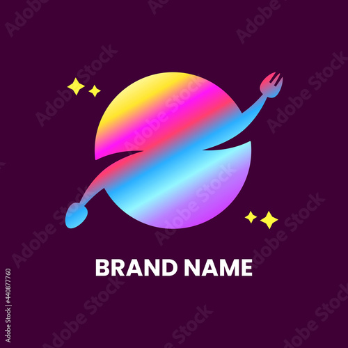 Planet Restaurant Logo Concept. Planet, Stars, Spoon and Fork. Gradient. Yellow, Pink, Blue and Purple. Colorful. Logo, Icon, Symbol and Sign. Abstract Logotype