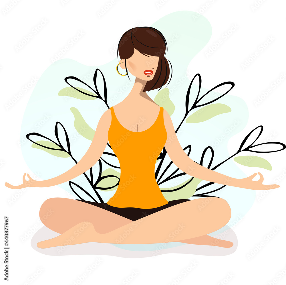 A bright brunette in a lotus position is engaged in yoga in nature. A cute girl meditates on the background of gentle plants. Exercise and rest, reboot, energy recovery in summer on vacation. Vector