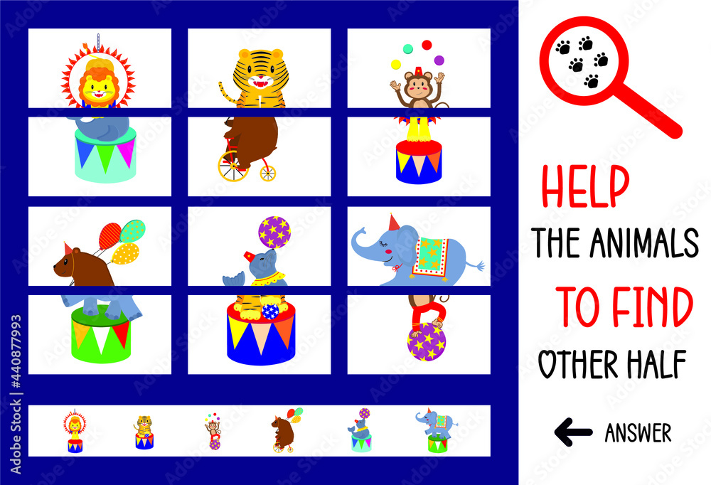 Fototapeta premium Children education game. Find other half. Circus animal