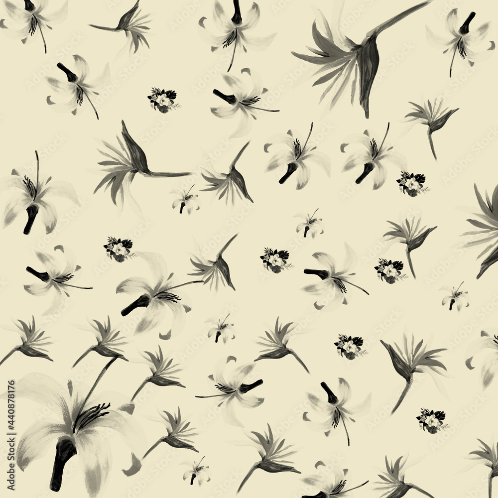 Fototapeta premium Black Pattern Leaves. Gray Tropical Plant. White Floral Texture. Decoration Palm. Floral Illustration. Summer Vintage. Spring Palm. Wallpaper Painting.