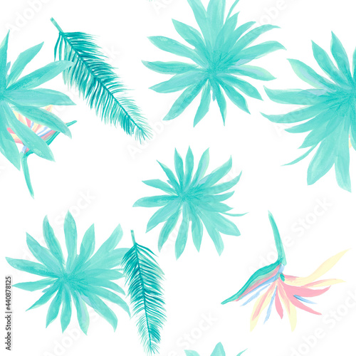 Cobalt Pattern Hibiscus. Azure Seamless Palm. White Tropical Botanical. Blue Flower Illustration. Navy Floral Nature. Wallpaper Painting. Decoration Plant. © Surendra