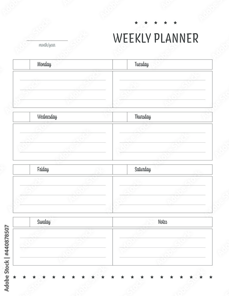 Weekly Planner Minimalist Template. Full Week Schedule Printable Page. Vector Illustration Template. Weekly Planner Minimalist Template. Full Week Schedule Printable Page. Vector Illustration Template.