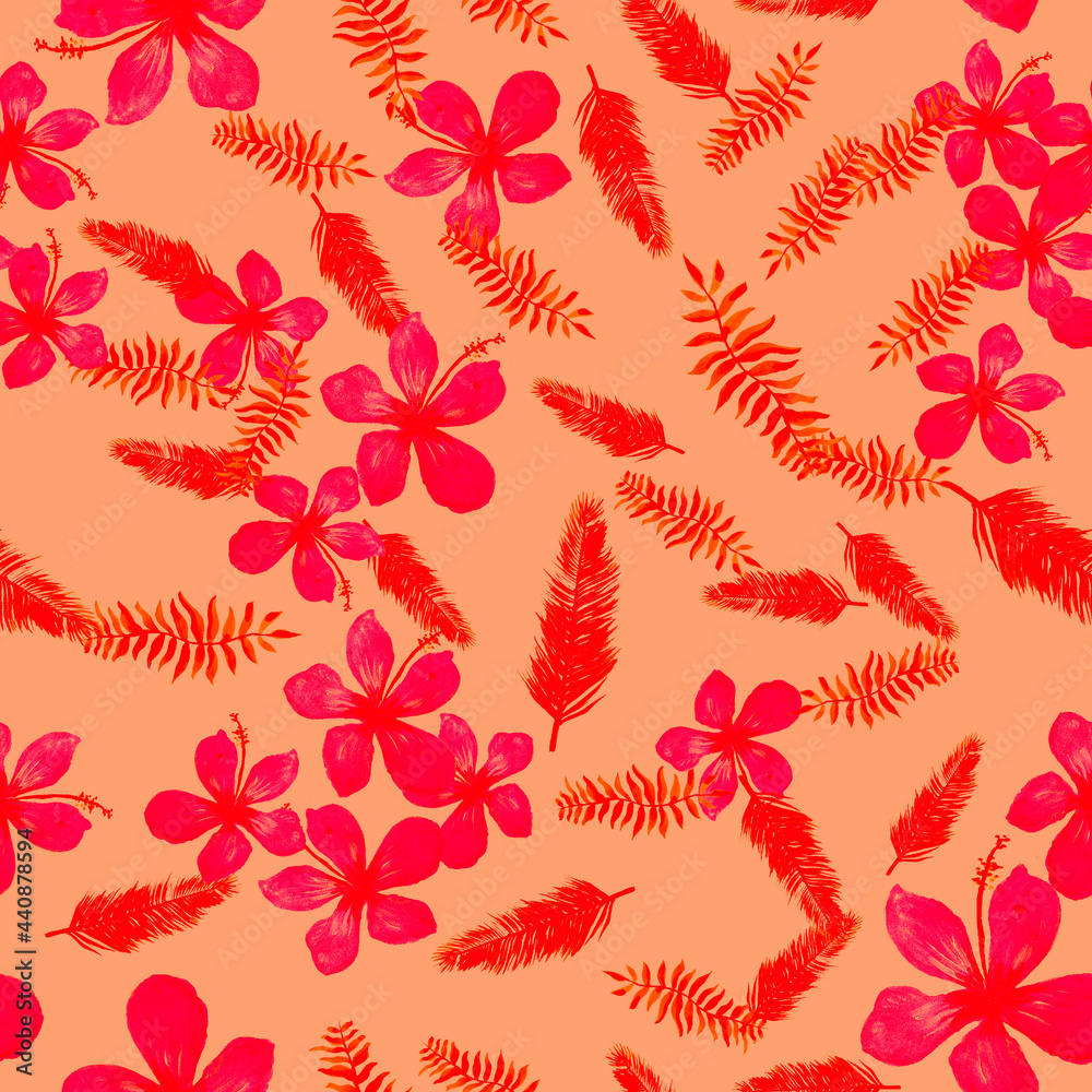 Fototapeta premium Pink Seamless Botanical. Red Pattern Palm. Scarlet Tropical Palm. Ruby Flower Hibiscus. Coral Drawing Foliage. Spring Nature. Flora Art. Floral Exotic.
