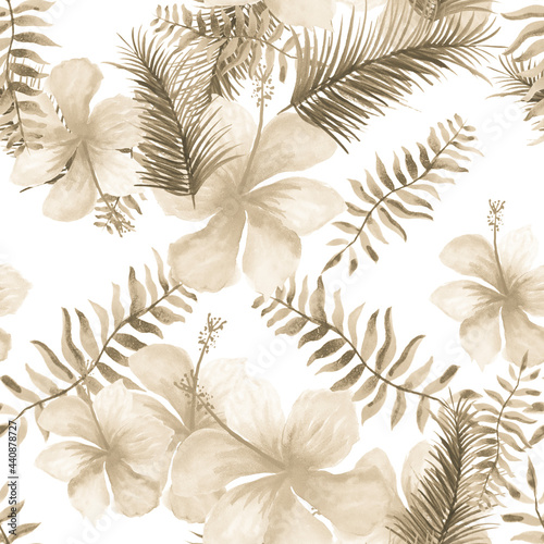 Yellow Tropical Texture. Gray Seamless Art. White Pattern Vintage. Flower Exotic. Summer Foliage. Drawing Leaves. Flora Textile. Spring Art.