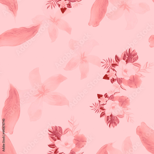 Coral Seamless Vintage. Pink Pattern Background. White Tropical Plant. Gray Flower Background. Flora Plant. Watercolor Painting. Floral Background. Summer Texture. © Surendra