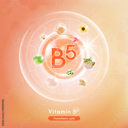 Vitamin B5, Orange pill capsule. Vitamin complex with Chemical formula. Fruits and vegetables that neutralize free radicals. Anti aging beauty enhancement concept and health care medical. 3D Vector.