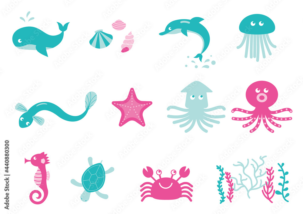海の生き物のベクターイラストのセット 海の生き物のベクターイラストのセット