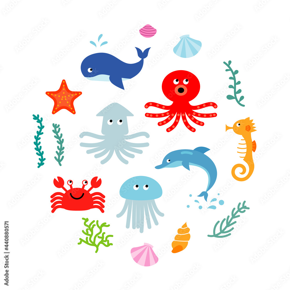 海の生き物のベクターイラストのセット 海の生き物のベクターイラストのセット