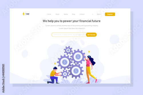 Landing page business finance man and women doing money management setting gear strategy people character flat design style Vector Illustration