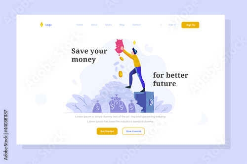 Landing page Business finance man saving money safe deposit box bank for savings people character flat design style Vector Illustration