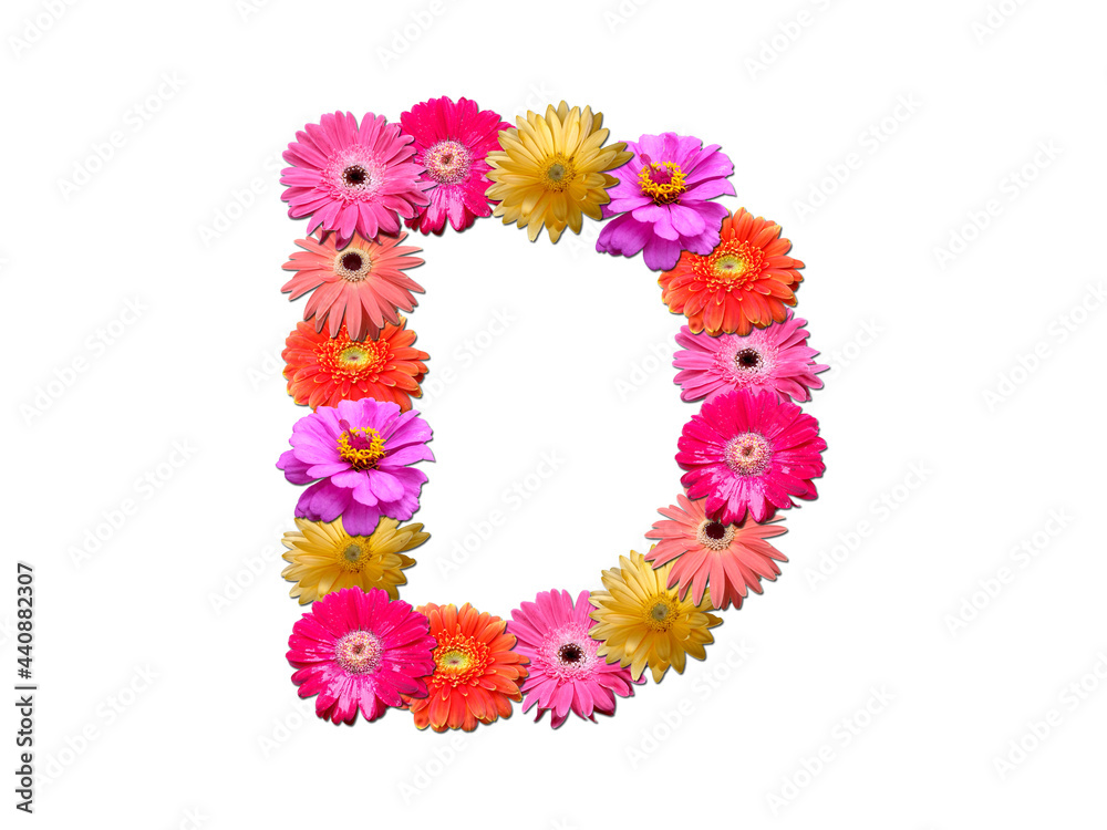 Font made from flowers. Arrangement flowers into letter. floral lettering on a white background. Font flower or letter flower. Font made from flowers. Arrangement flowers into letter. floral lettering on a white background. Font flower or letter flower.