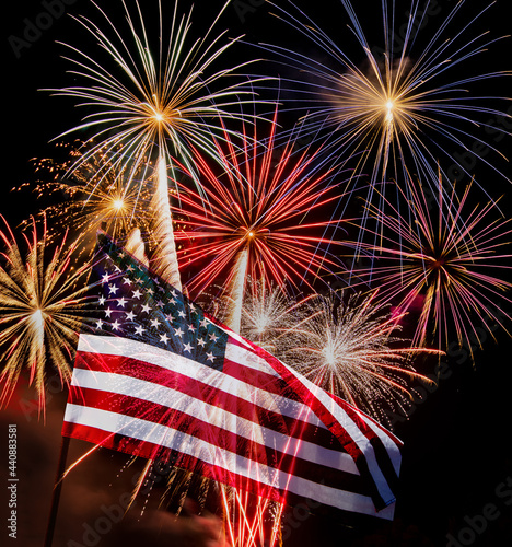 United States of America flag with fireworks.