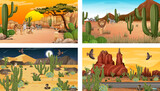 Different scenes with desert forest landscape with animals and plants