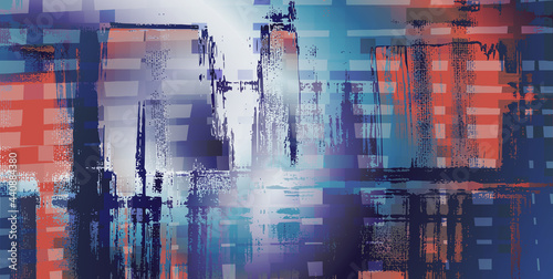Fototapeta Naklejka Na Ścianę i Meble -  Techno scenery, digital art. Violet brush strokes on canvas. Extra large and wide abstract illustration. Futuristic sky and water reflection