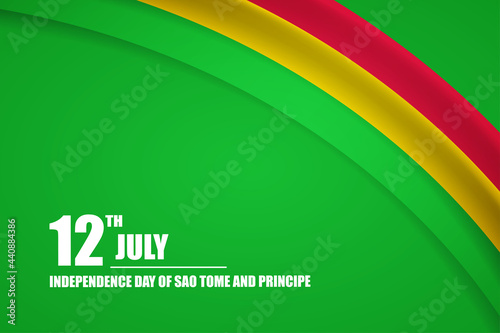 Happy independence day of Sao Tome and Principe country with tricolor curve flag and typography background