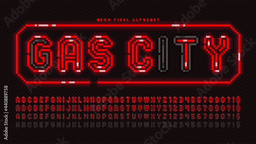 Pixel neon alphabet design, arcade style. High contrast, retro-futuristic.