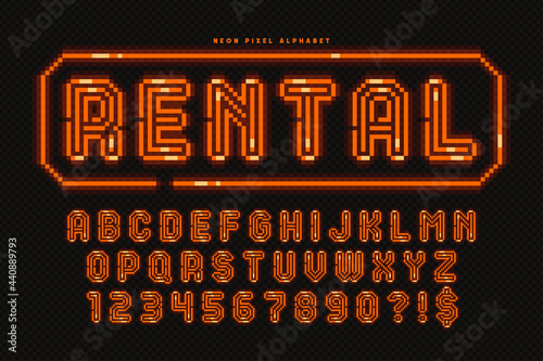 Pixel neon alphabet design, arcade style. High contrast, retro-futuristic.