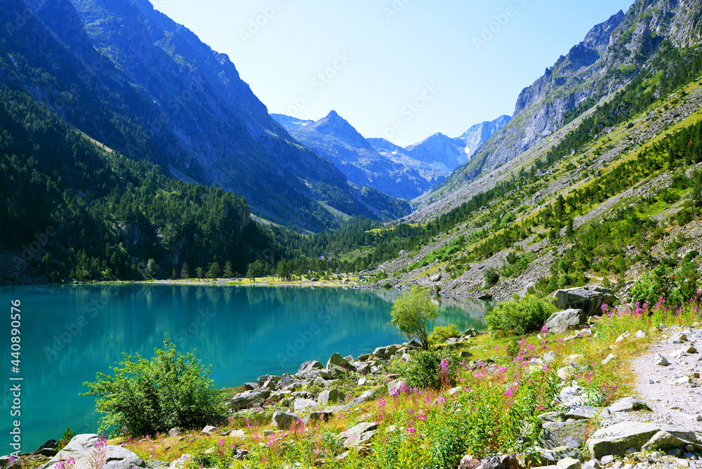 Gaube lake near village Cauterets in the Hautes-Pyrenees department, France, Europe. Beautiful mountain landscape in summer day.