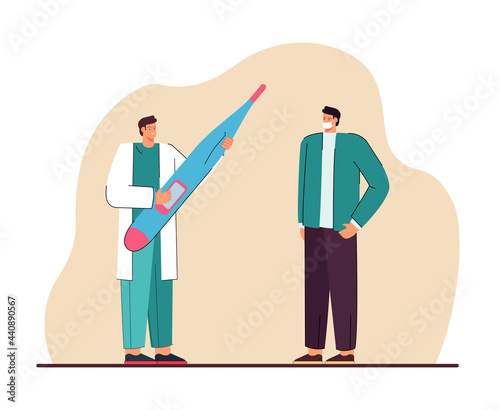 Tiny doctor holding thermometer flat vector illustration. Man with coronavirus standing in protective mask. Covid, temperature check, flu concept for banner, website design or landing web page