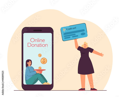 Happy girl holding credit card, making donation online Female person making payment through mobile app flat vector illustration. Charity, help concept for banner, website design or landing web page