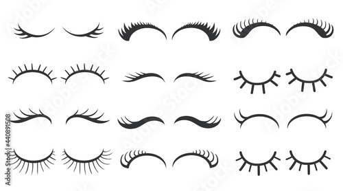 Different simple styles of eyelashes vector illustrations set. Closed girly eyes, mascara for girls isolated on white background. Beauty, makeup, cosmetology concept