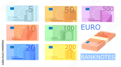 Different colorful euro banknotes vector illustrations set. 5, 10, 20, 50, 100 and 200 euros in cash, money of Europe isolated on white background. Money, banking concept photo