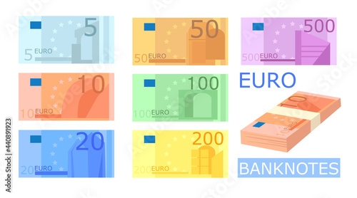 Different colorful euro banknotes vector illustrations set. 5, 10, 20, 50, 100 and 200 euros in cash, money of Europe isolated on white background. Money, banking concept