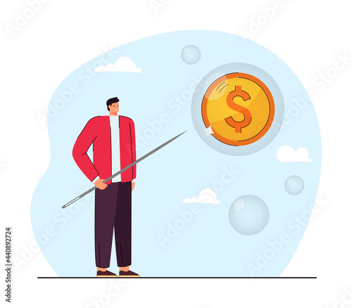 Man piercing bubble with coin flat vector illustration. Happy male person holding needle. Bankruptcy, finance, recession concept for banner, website design or landing web page