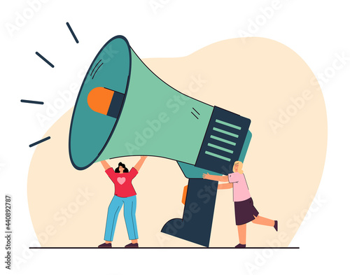 Tiny girls holding huge loudspeaker flat vector illustration. Announcement, protest, message, feedback concept for banner, website design or landing web page