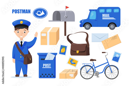 Postman character for kids vector illustrations set. Cartoon character in uniform with postal bag, mailbox, letters, car, bicycle isolated on white background. Professions, delivery service concept