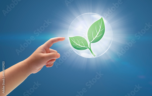 Child’s hand pointing green plant in digital world, Care of the Environment, Ecology concept. © MERCURY studio